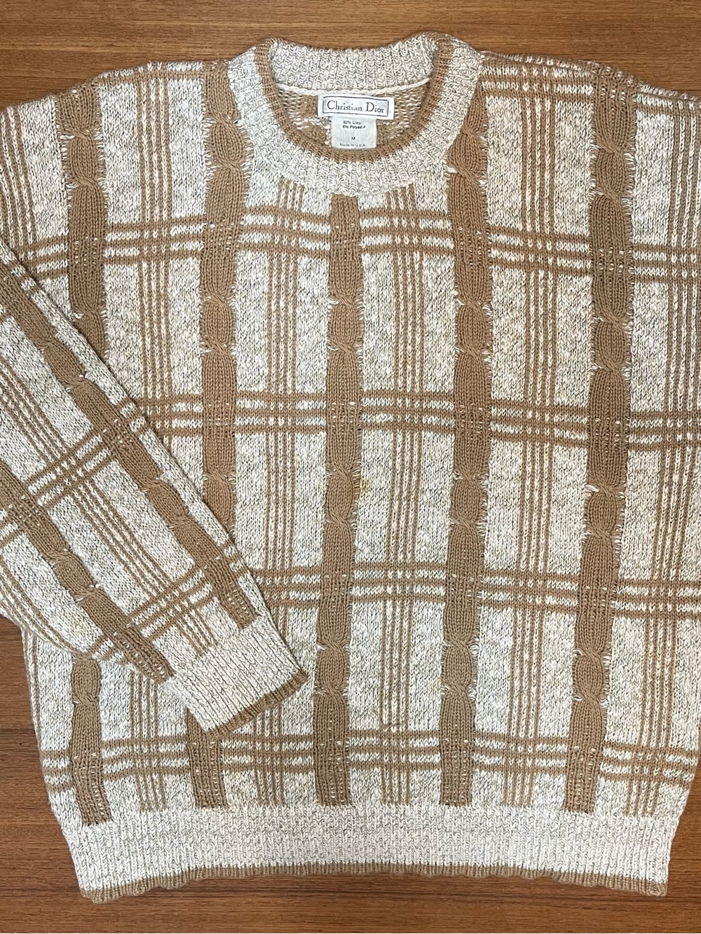 VTG Christian Dior Plaid Cable Knit Sweater Size M Cream Tan Unisex Made in USA